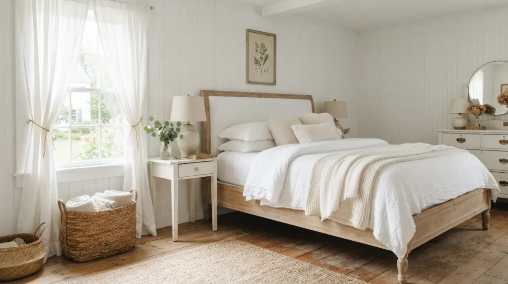 Classic White Farmhouse Bedroom — 15 Farmhouse Bedroom Design Ideas — image 01