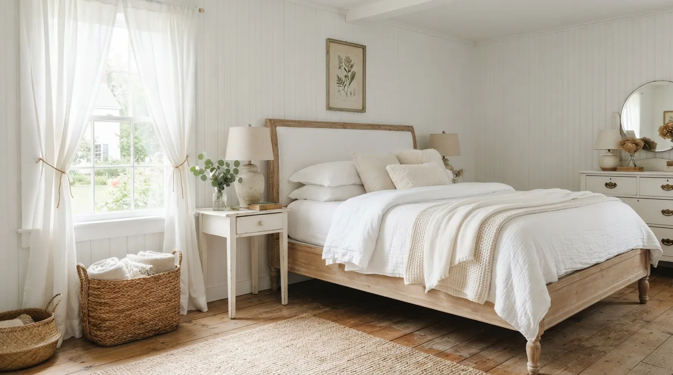 Classic White Farmhouse Bedroom — 15 Farmhouse Bedroom Design Ideas — image 01