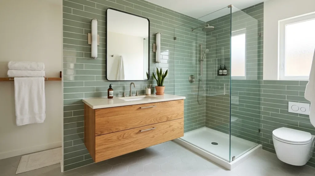 Sage Green Subway Tile — 18 Chic Green Tile Bathroom Ideas — image 01