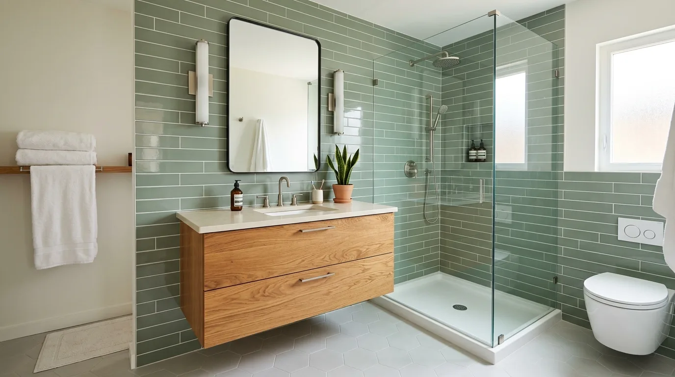 Sage Green Subway Tile — 18 Chic Green Tile Bathroom Ideas — image 01