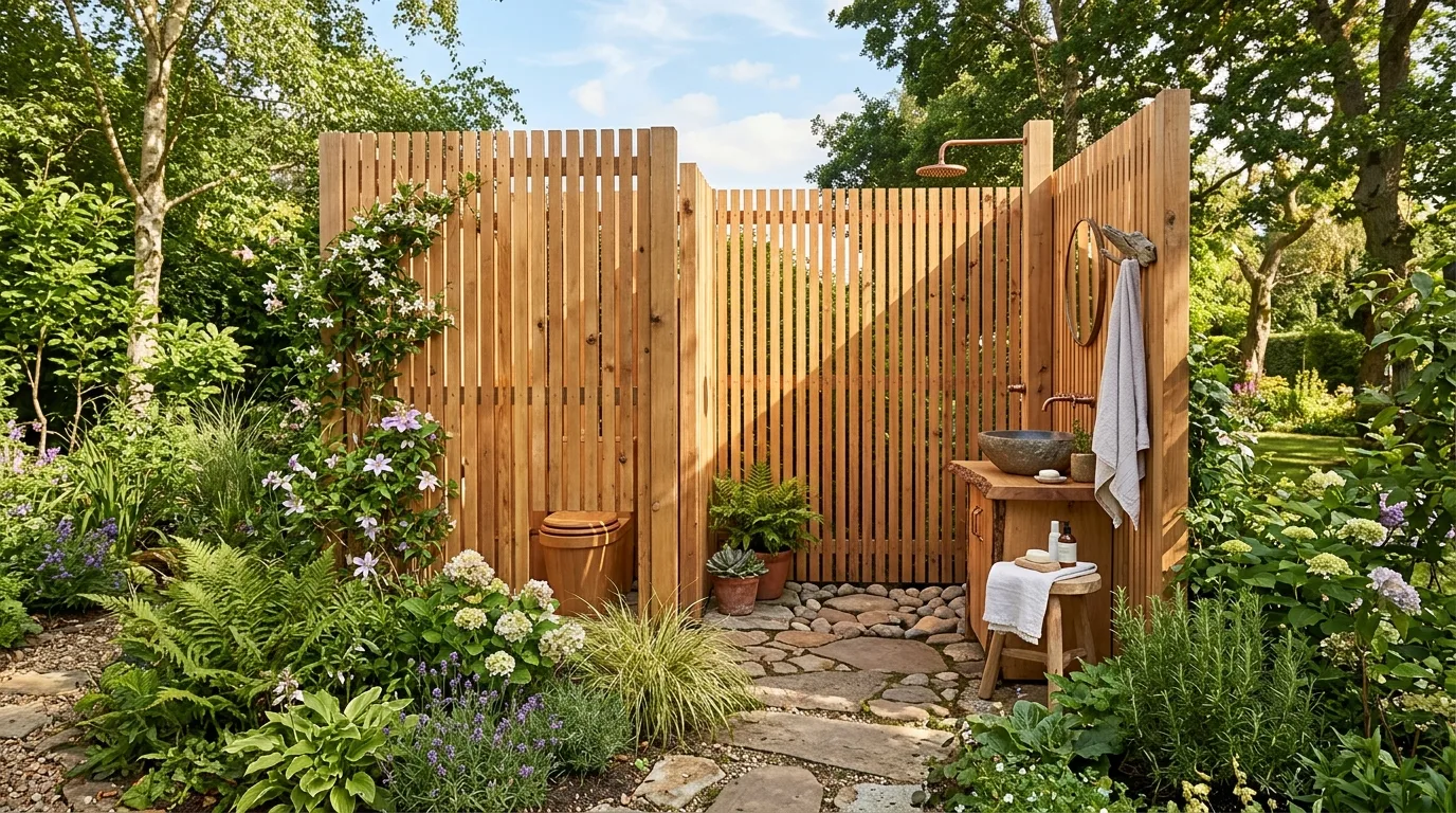 Outdoor Bathroom with Wooden Privacy Screen — 15 Outdoor Bathroom Ideas — image 06