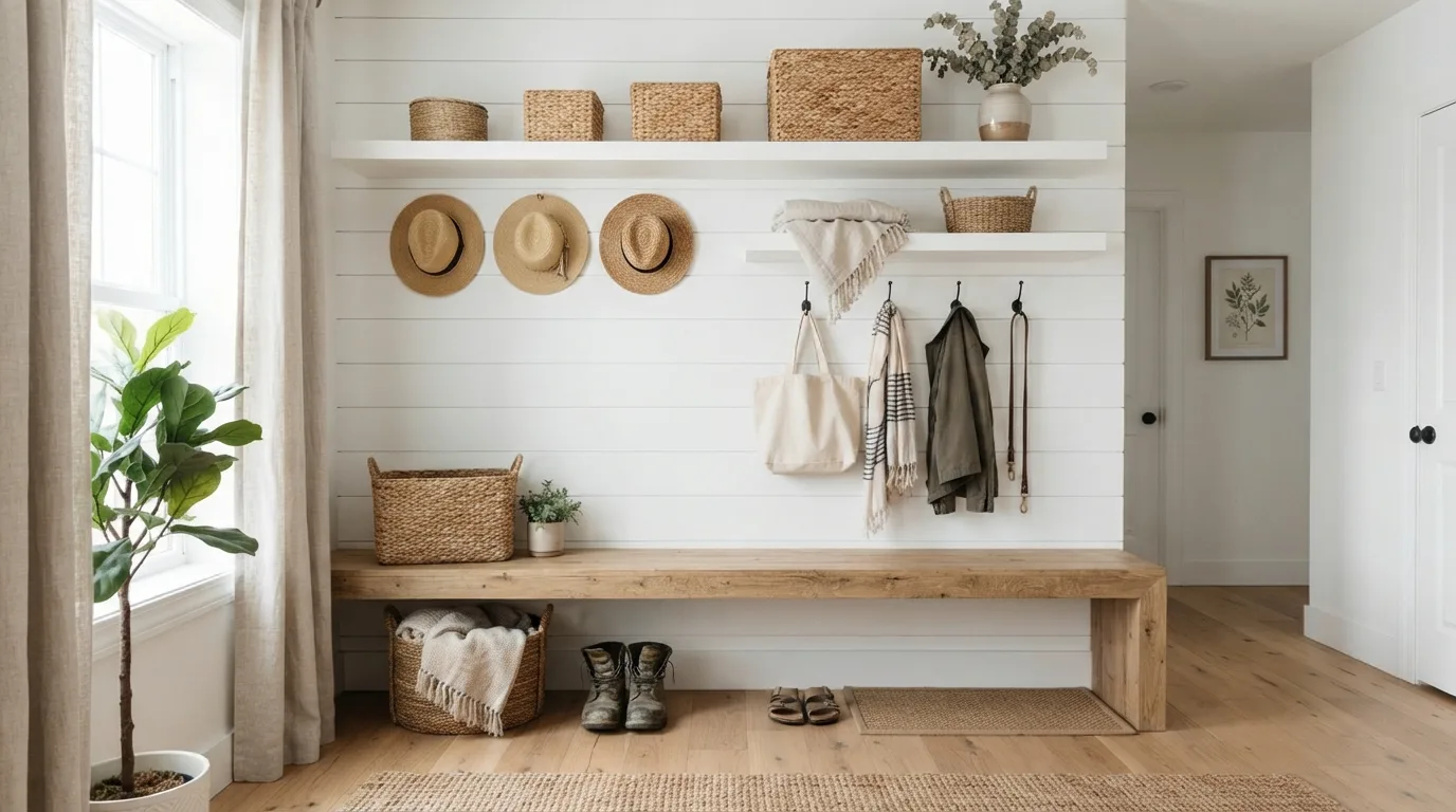 Small Mudroom with Floating Shelves — 18 Small Mudroom Ideas for Entryways — image 08