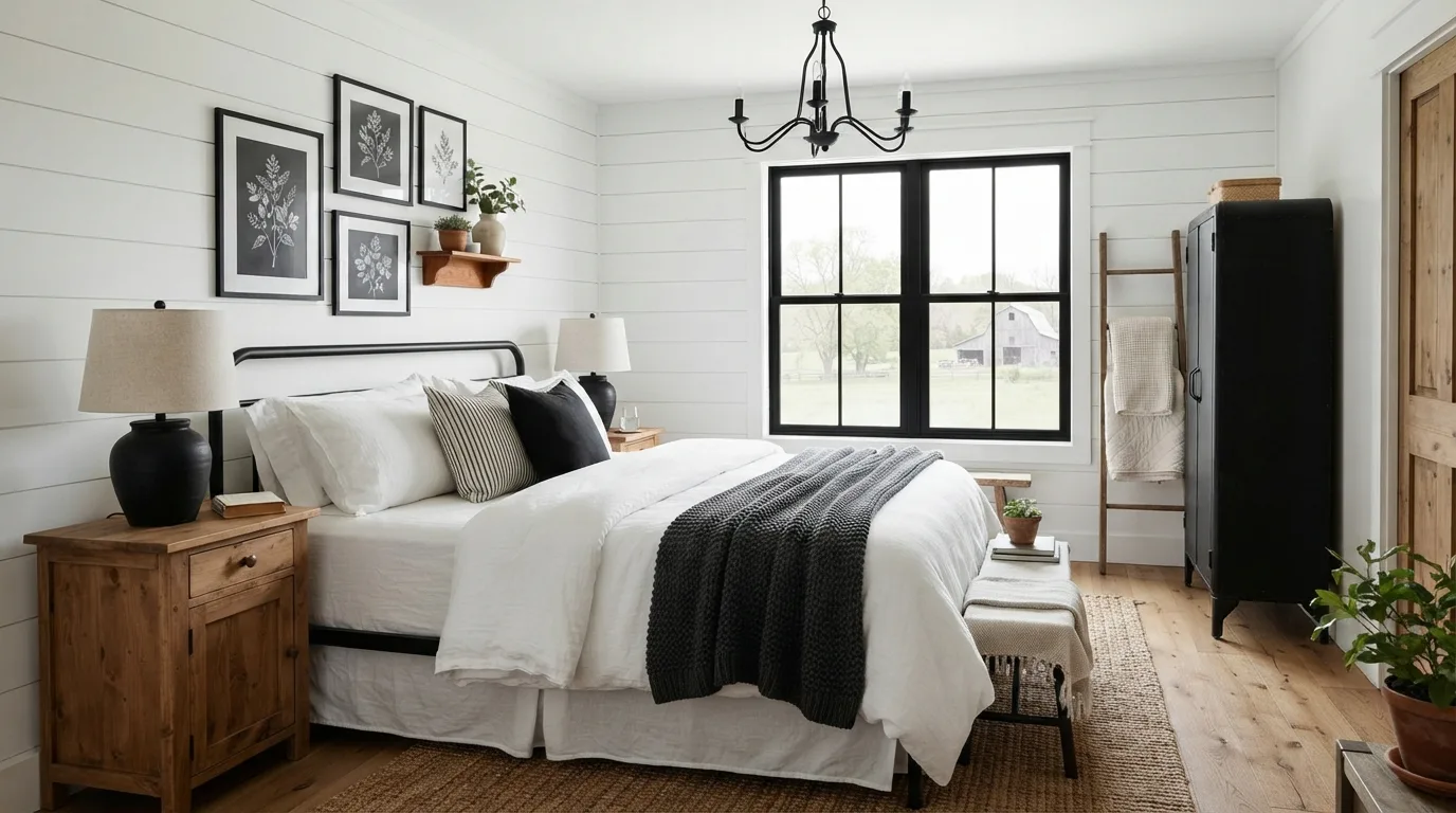 Black and White Farmhouse Bedroom — 15 Farmhouse Bedroom Design Ideas — image 09
