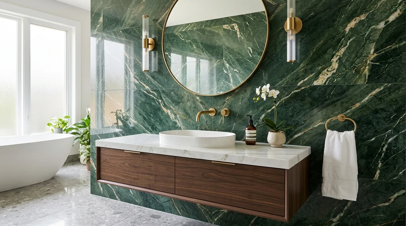 Green Marble-Look Tile — 18 Chic Green Tile Bathroom Ideas — image 09