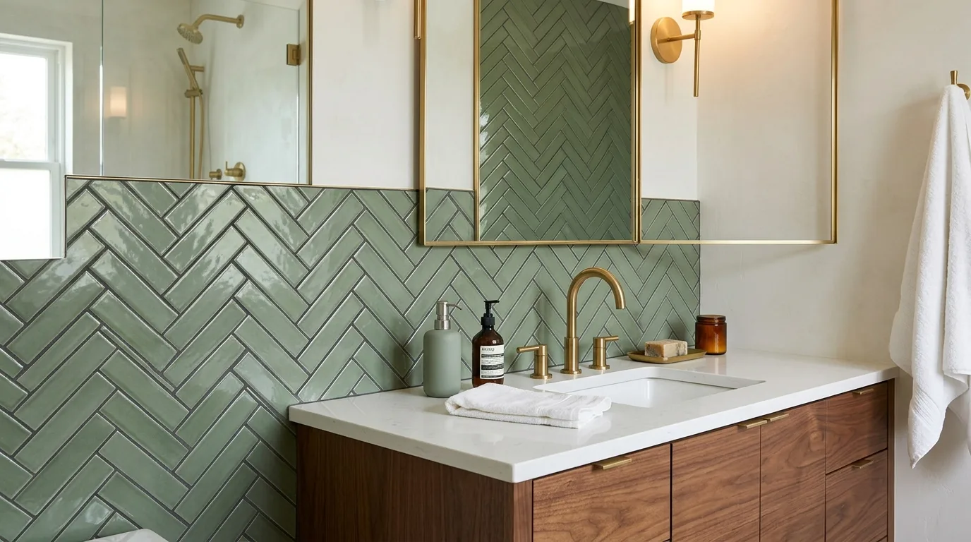 Green Herringbone Tile — 18 Chic Green Tile Bathroom Ideas — image 11