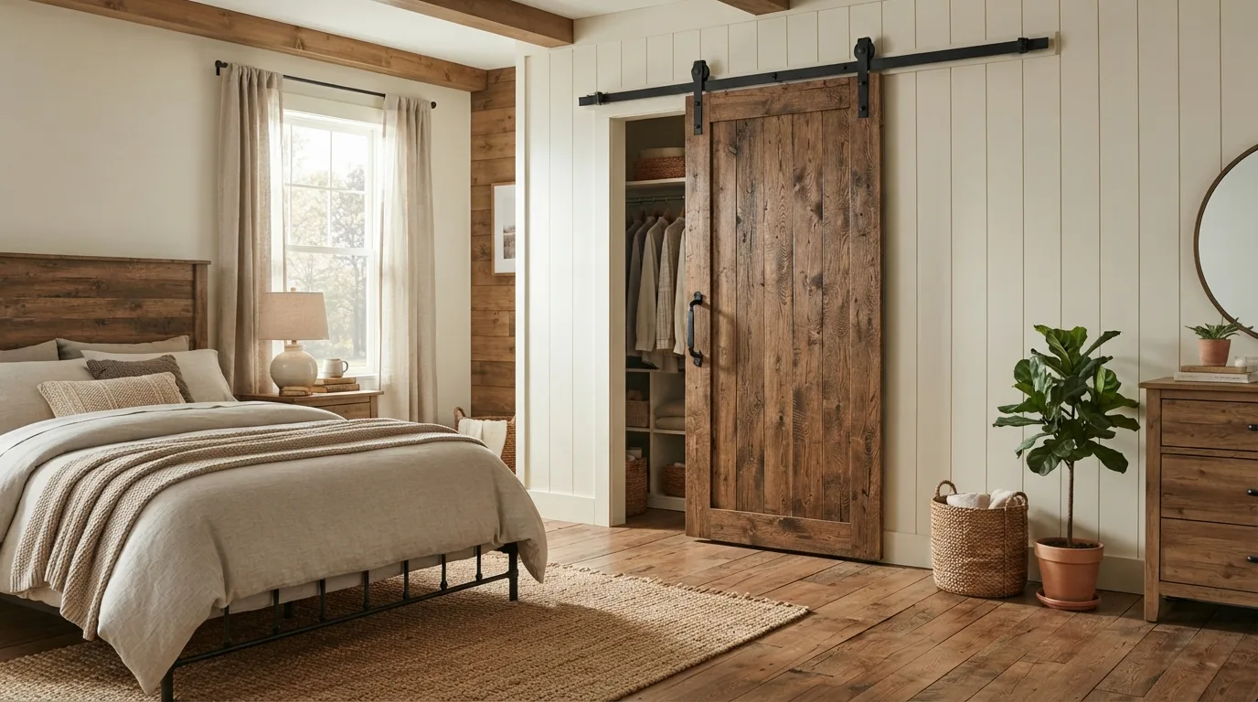 Farmhouse Bedroom with Barn Door — 15 Farmhouse Bedroom Design Ideas — image 14