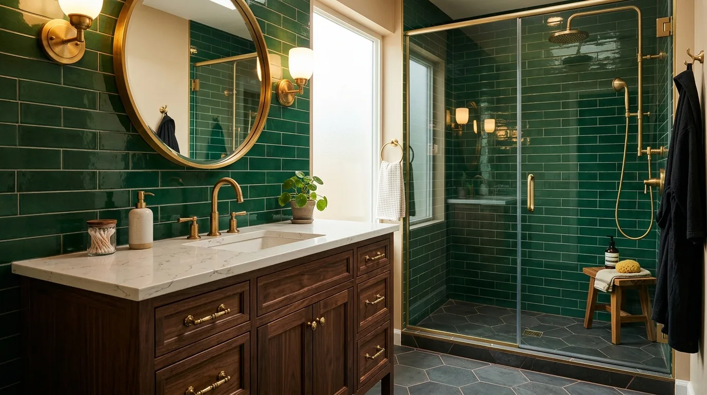 Green and Brass Bathroom — 18 Chic Green Tile Bathroom Ideas — image 14