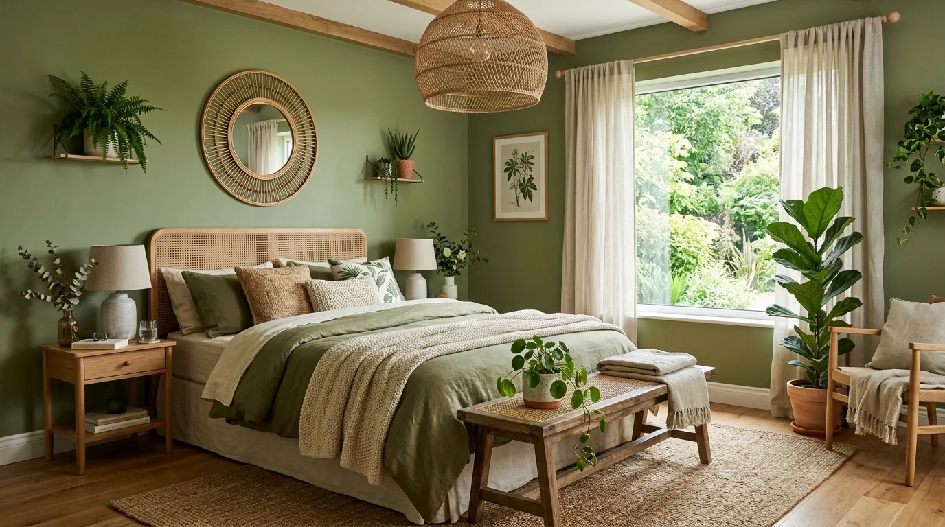 Green Bedroom with Rattan Accents — 20 Green Bedroom Ideas — image 15