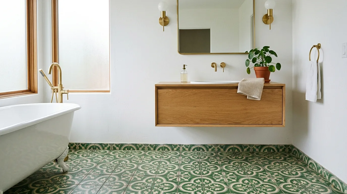 Patterned Green Floor Tile — 18 Chic Green Tile Bathroom Ideas — image 16