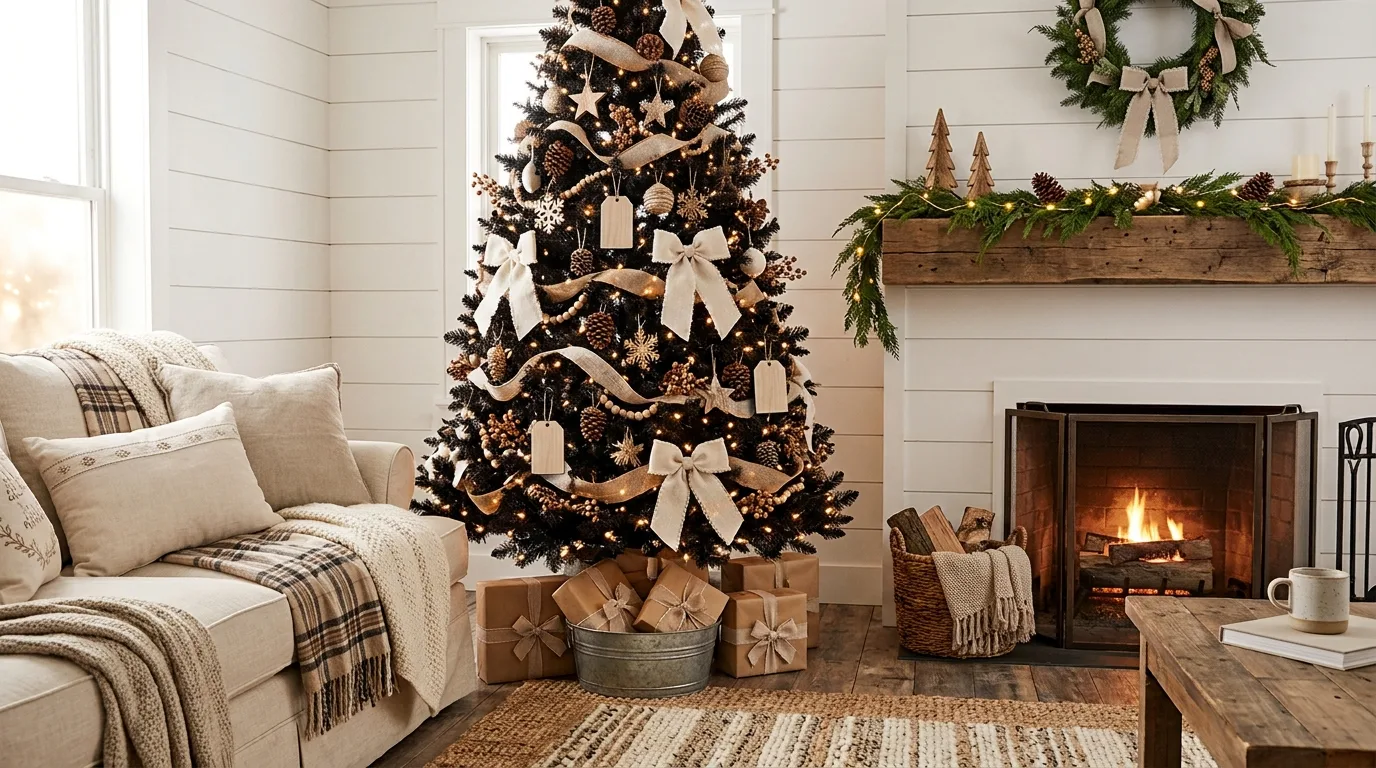 Black Tree with Rustic Farmhouse Decor — 20 Black Christmas Tree Ideas — image 18