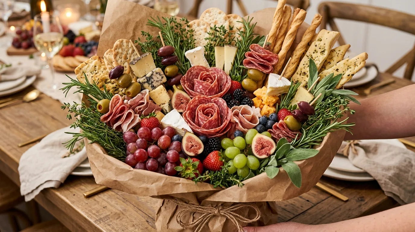 Classic charcuterie bouquet with salami roses, cheese, grapes, and rosemary