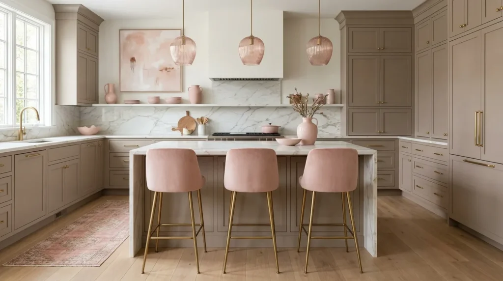 Soft blush pink kitchen cabinets with white counters, oak flooring, and brass hardware