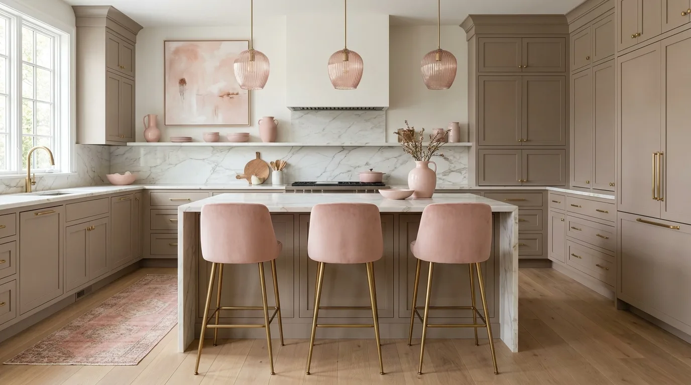 Soft blush pink kitchen cabinets with white counters, oak flooring, and brass hardware