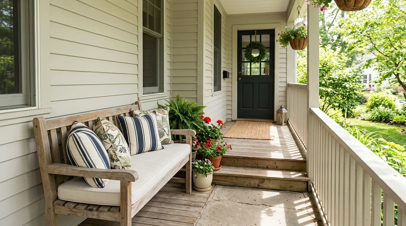 Cozy summer front porch with comfortable outdoor seating