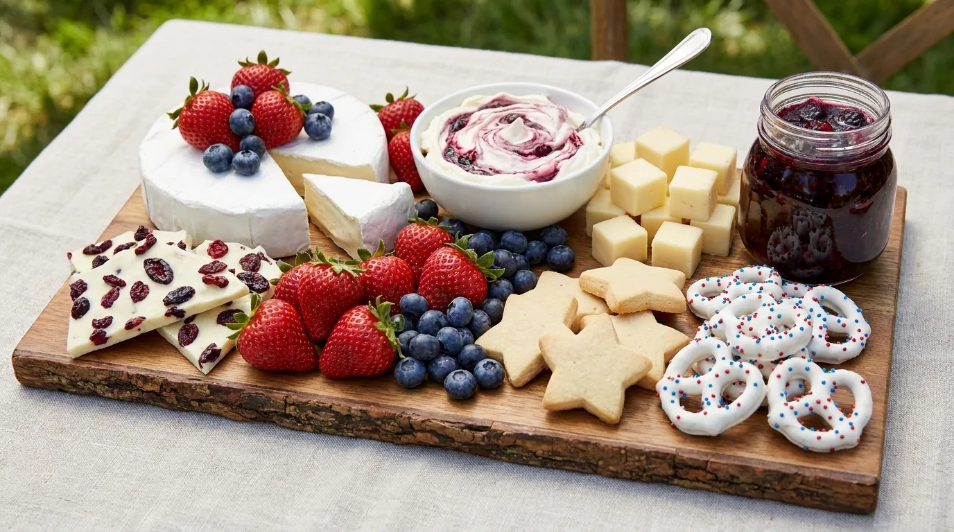 Classic red, white, and blue 4th of July charcuterie board