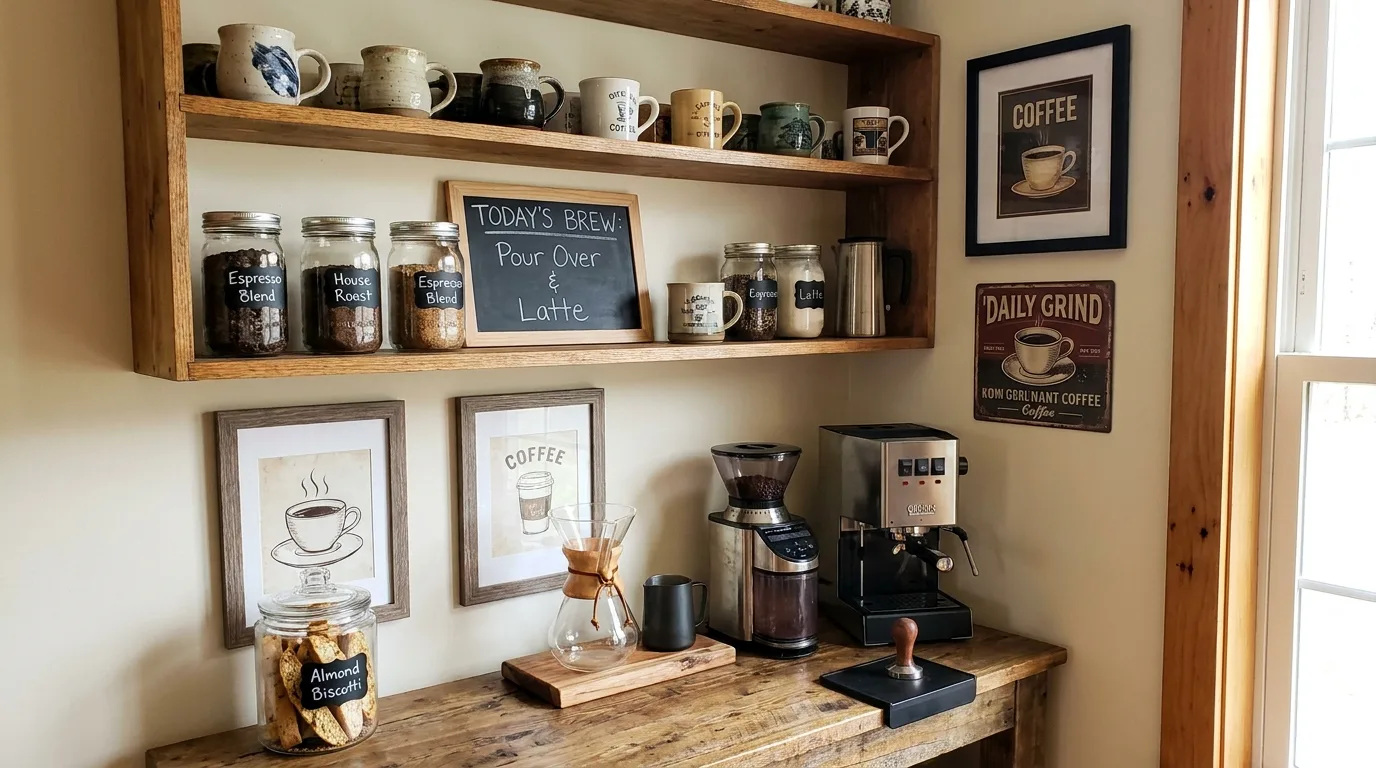 Minimalist countertop coffee bar with an espresso machine, mugs, coffee beans, and neutral décor