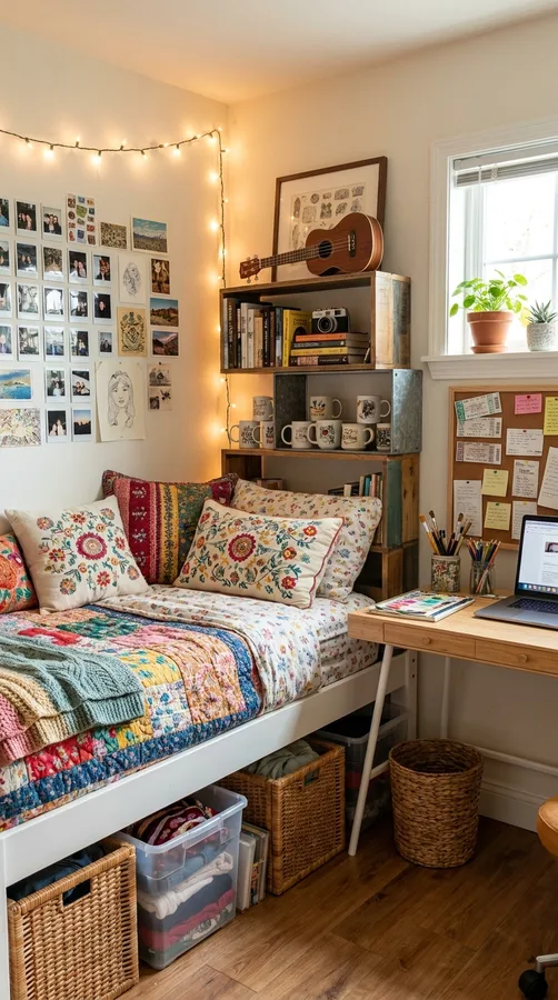 Soft pastel teen girl bedroom with colorful bedding and cozy decorative accents