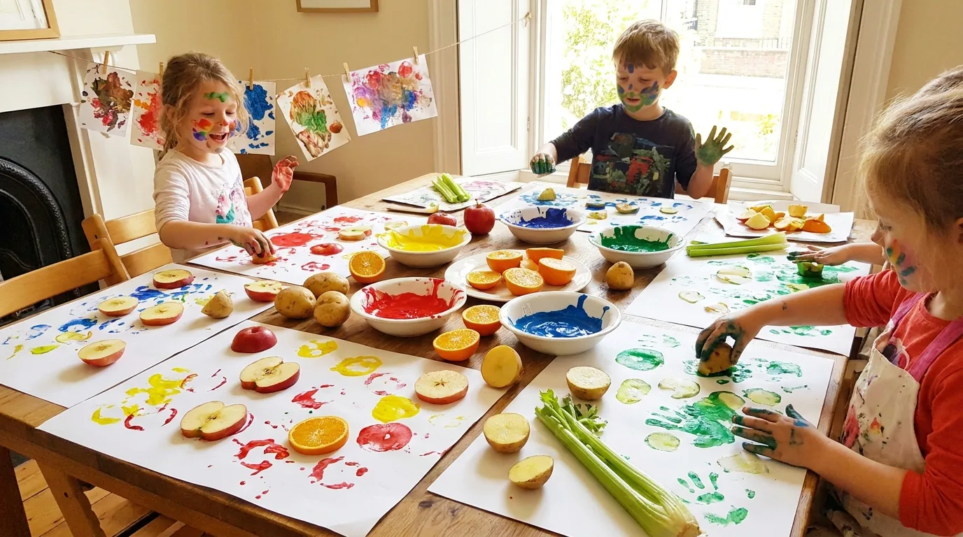 Kids making a colorful paper plate sun craft with paint and paper rays