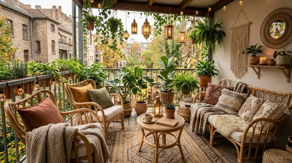 Bohemian balcony with an earthy outdoor rug and cozy layered decor