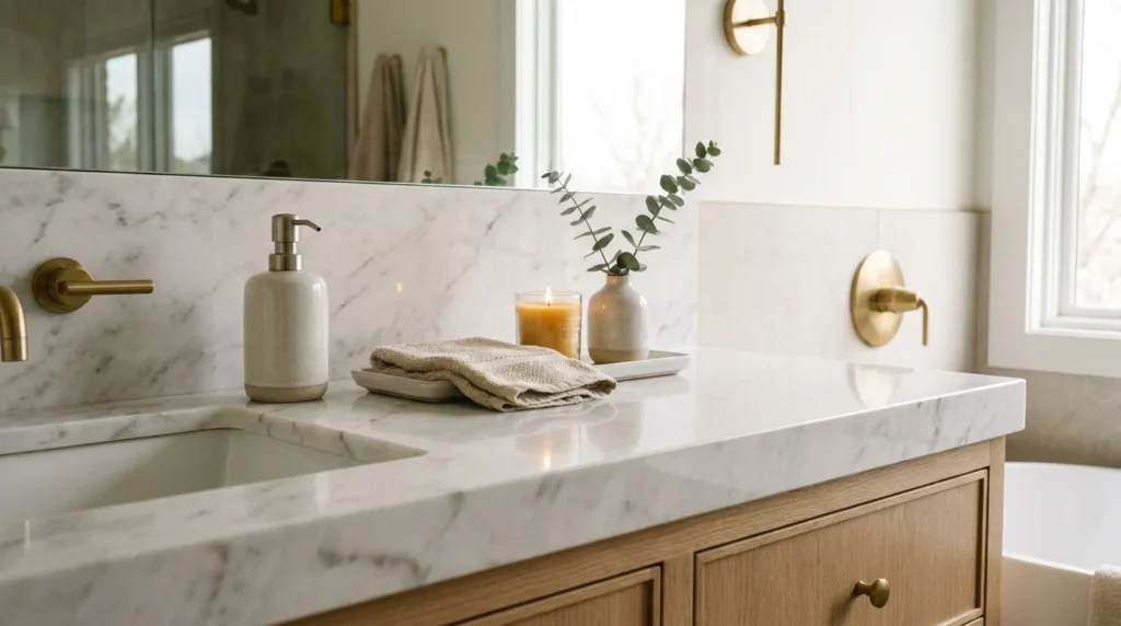 Elegant bathroom counter styled with a decorative tray and coordinated accessories