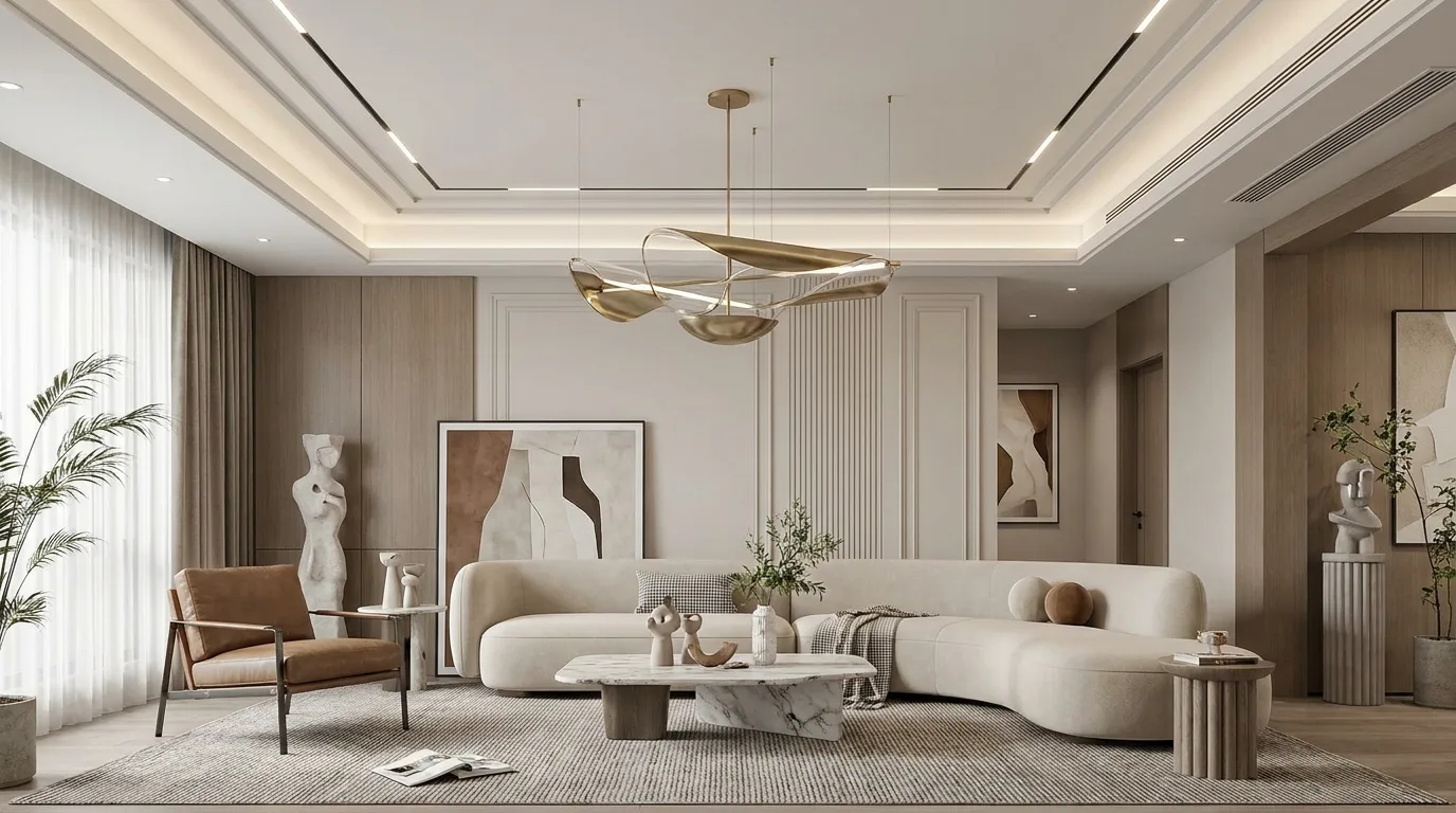 Modern living room with a simple gypsum border false ceiling and concealed LED lighting