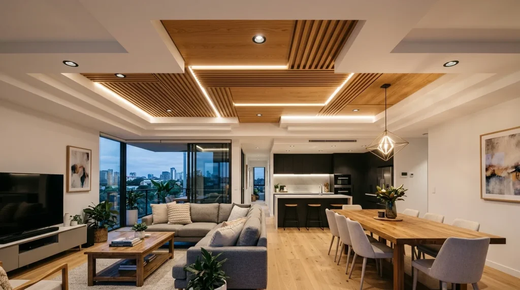 Warm natural wood slat false ceiling in a contemporary living room