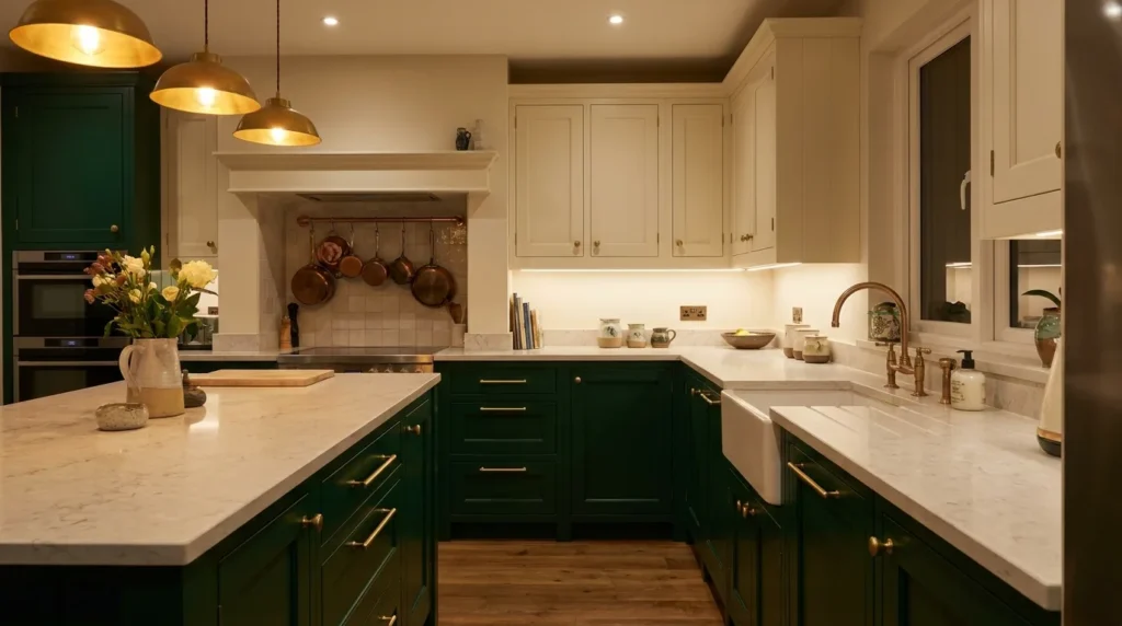 Modern kitchen with white and natural wood laminate cabinets