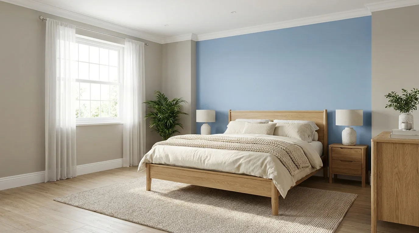 Bedroom with navy blue and crisp white two-tone walls, light wood furniture, and cream bedding.