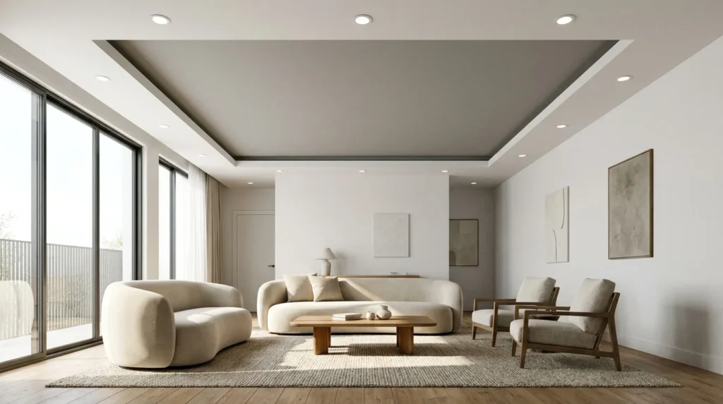 White POP ceiling with warm beige recessed accents in an elegant living room