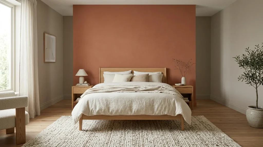 Warm orange and cream bedroom walls with natural wood furniture and cozy neutral decor