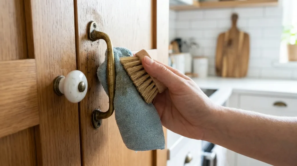 Removing crumbs and dust before cleaning a greasy kitchen surface