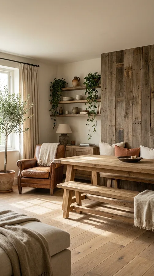 Eco-friendly living room with sustainable wood furniture, natural textiles, plants, and warm neutral decor.
