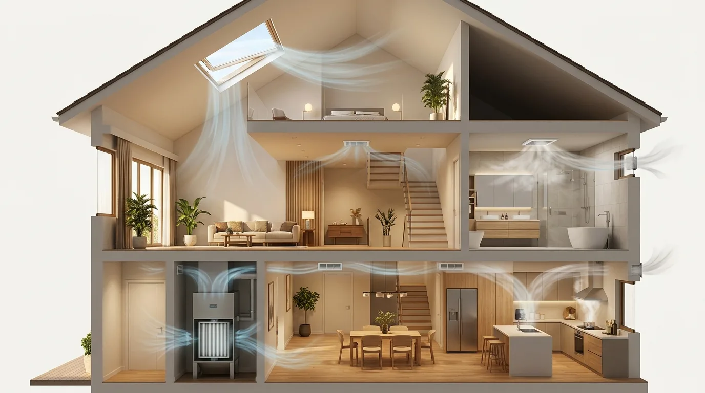 Bright living room with an open skylight providing natural ventilation