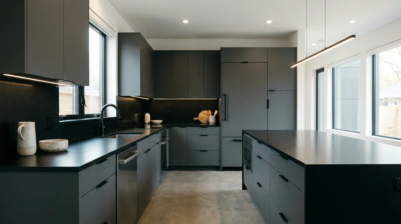 White kitchen cabinets paired with elegant black quartz countertops