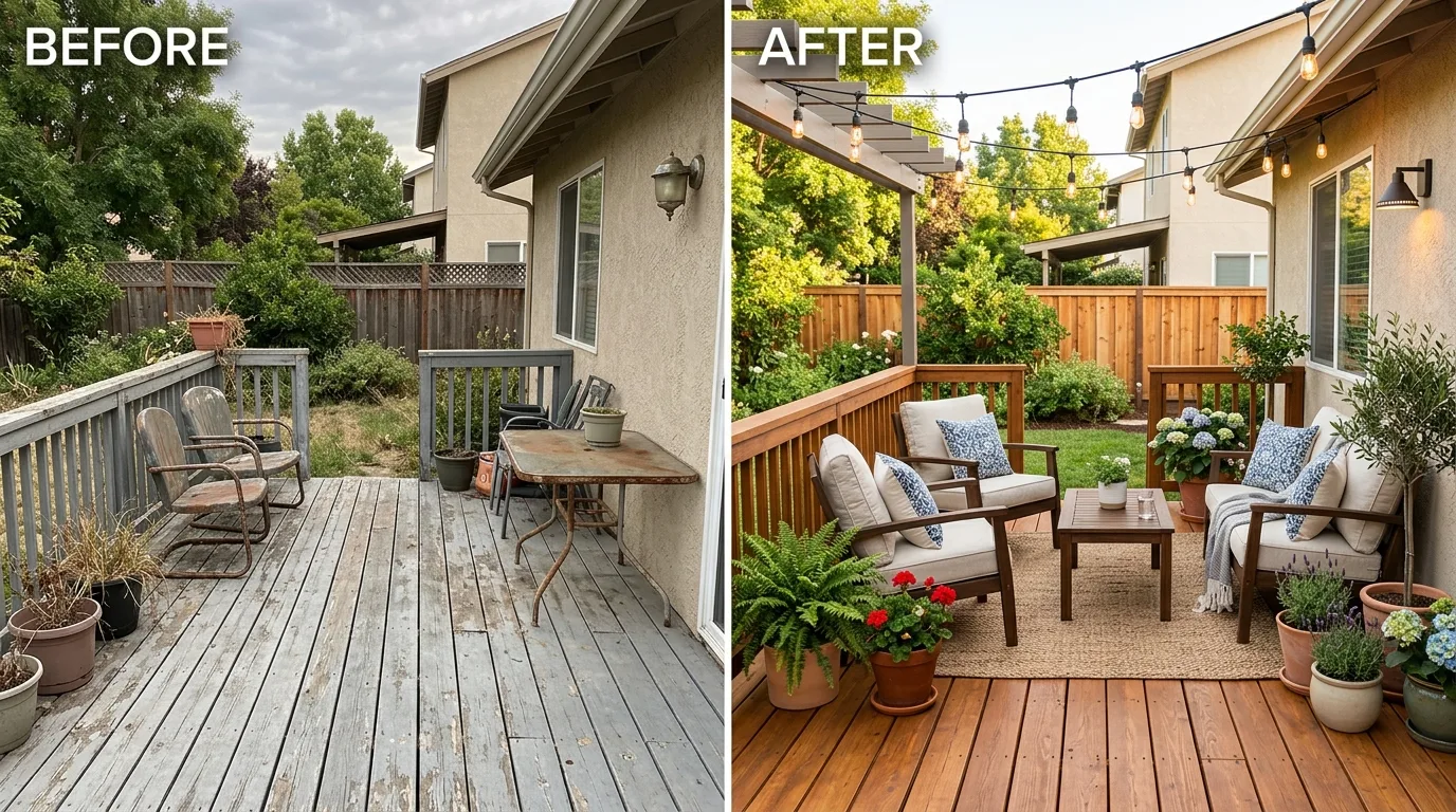 Simple ground-level backyard deck with affordable furniture and natural landscaping