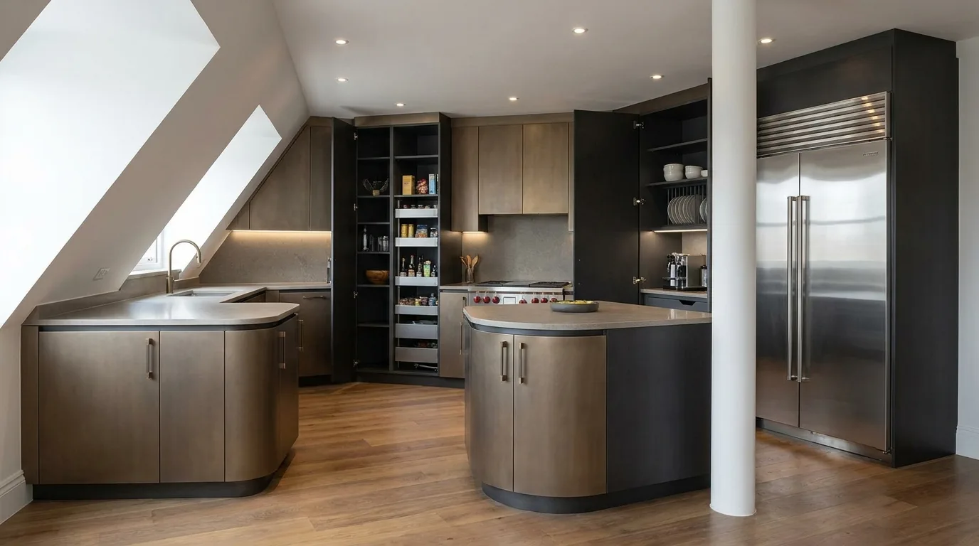 Modern kitchen with matte grey aluminium cabinets and a bright countertop
