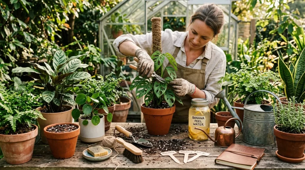 Jar of banana peel water beside healthy potted plants