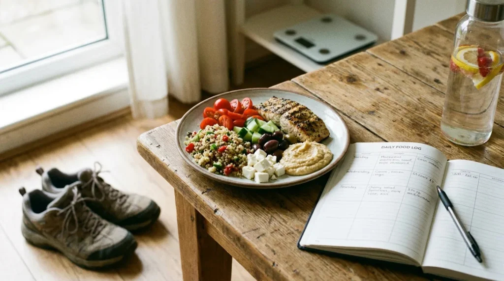 Mediterranean plate filled with colorful vegetables, whole grains, and lean protein