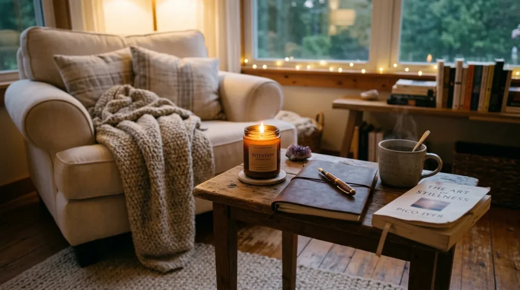 Scented candle creating a calm and relaxing living room atmosphere