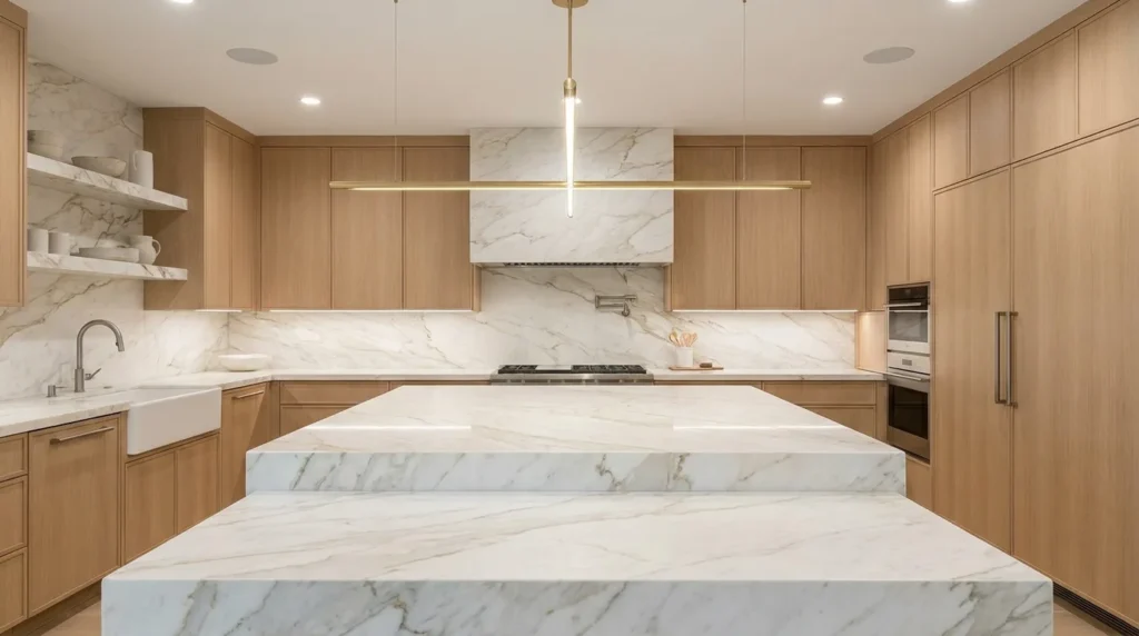 Bright modern kitchen with a white quartz slab and subtle veining