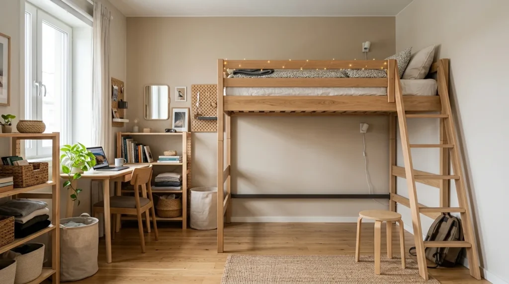 Small bedroom with two twin beds along opposite walls and an open central walkway
