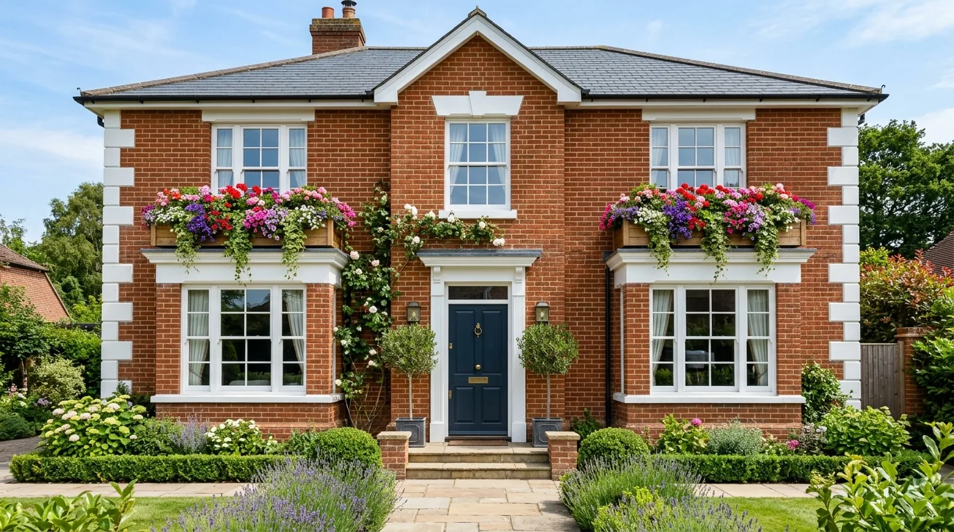 Classic cottage window box filled with colorful flowers and trailing ivy