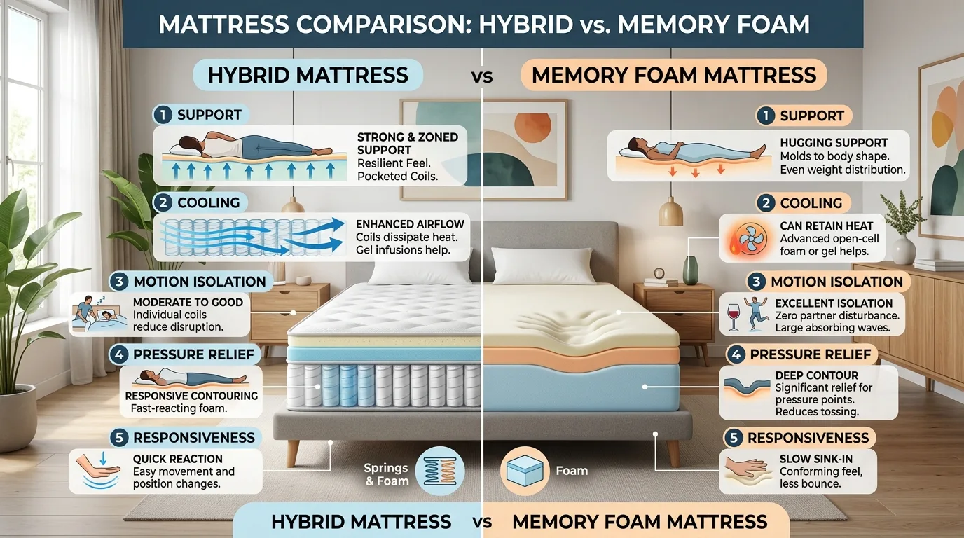Side-by-side comparison of hybrid and memory foam mattress construction