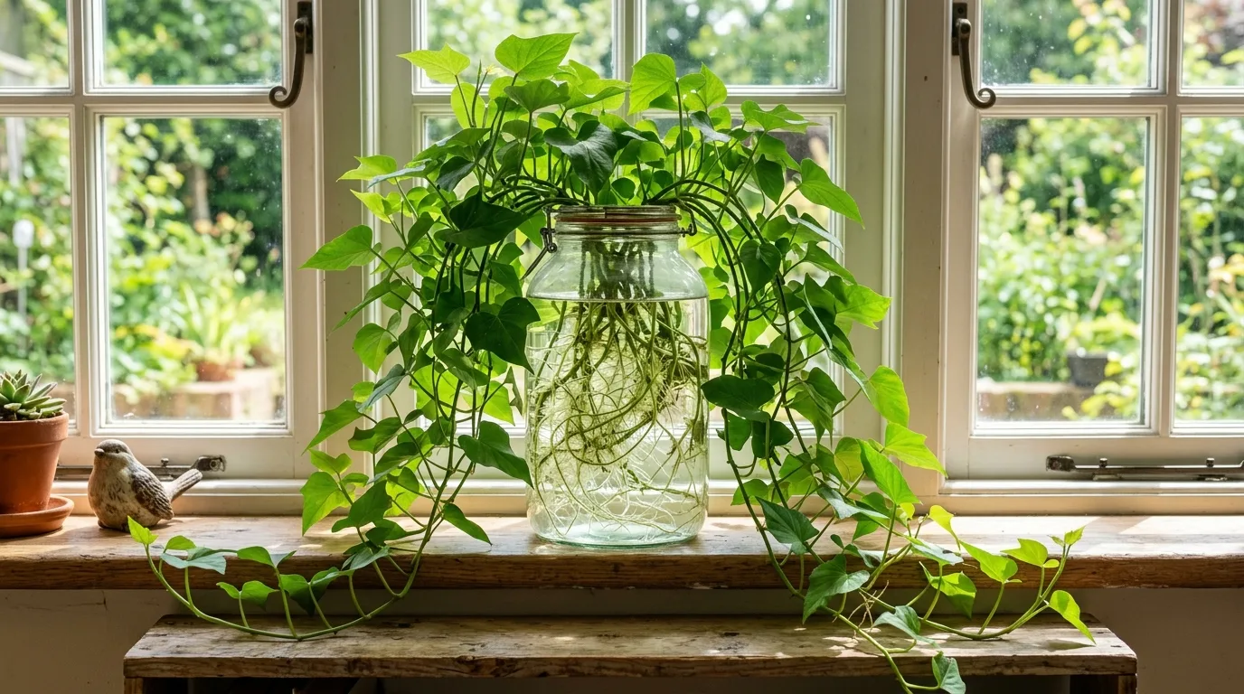 Pothos growing in a clear glass vase with visible roots and trailing vines