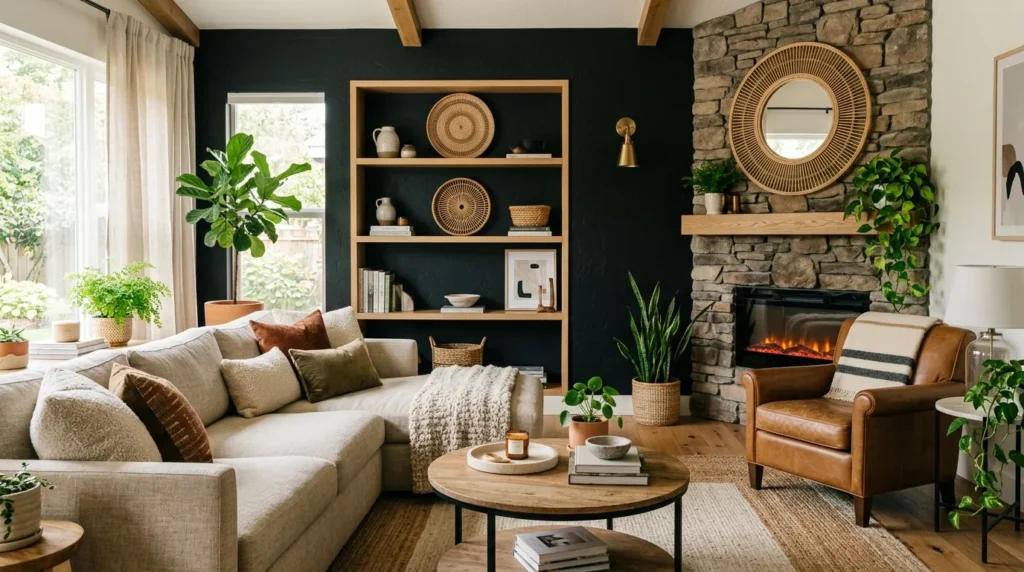 Modern living room with a sophisticated matte black accent wall