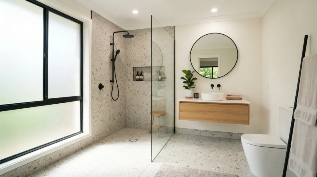 Large-format porcelain tiles used on a modern living room floor and feature wall