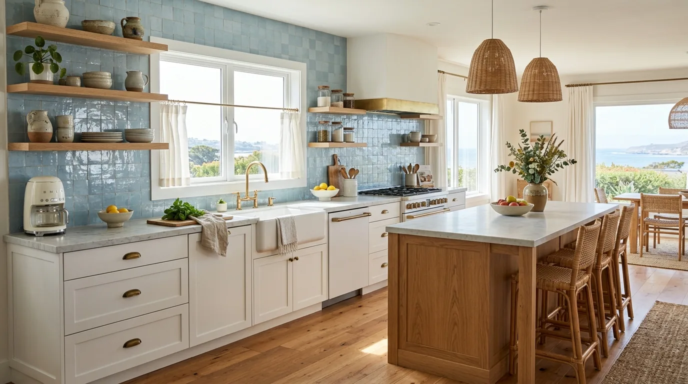 Warm modern kitchen with handcrafted cream zellige tile backsplash and natural wood cabinets