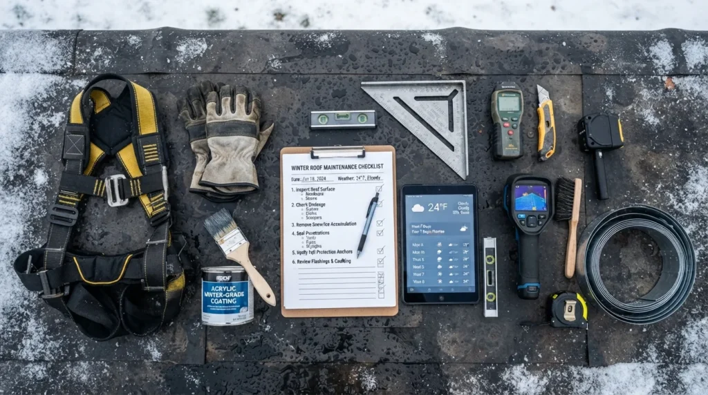 Roofer checking roof coating temperature requirements during winter