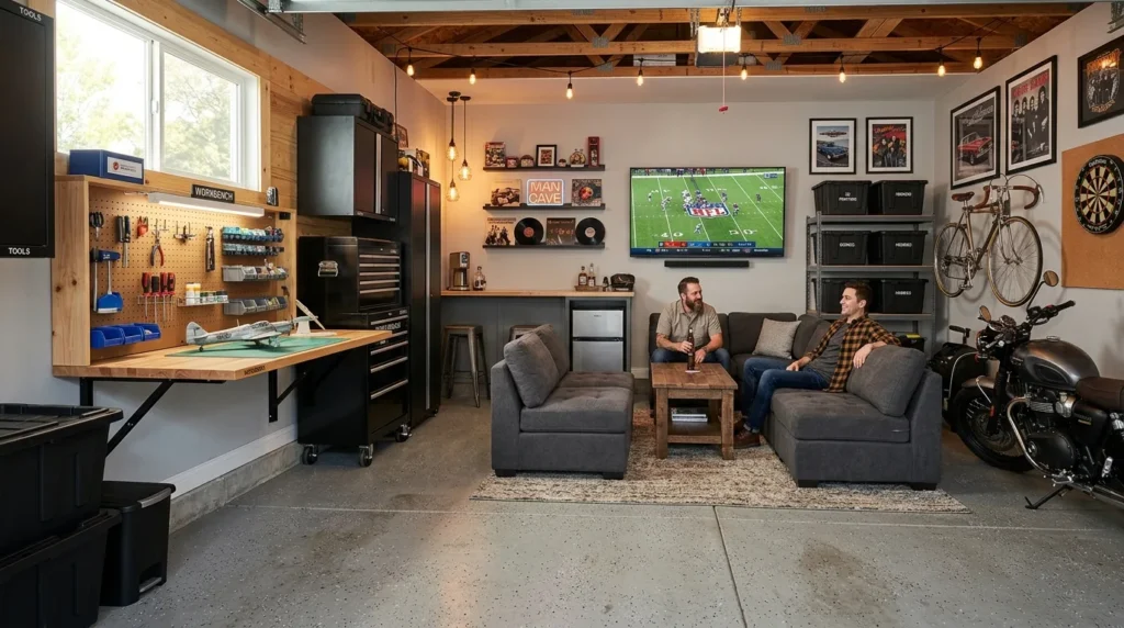Stylish garage sports lounge with TV and sports memorabilia