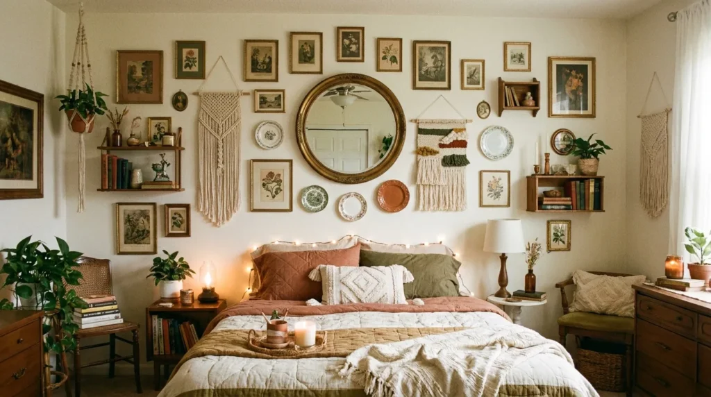 Bedroom with a stylish gallery wall of framed artwork above the bed